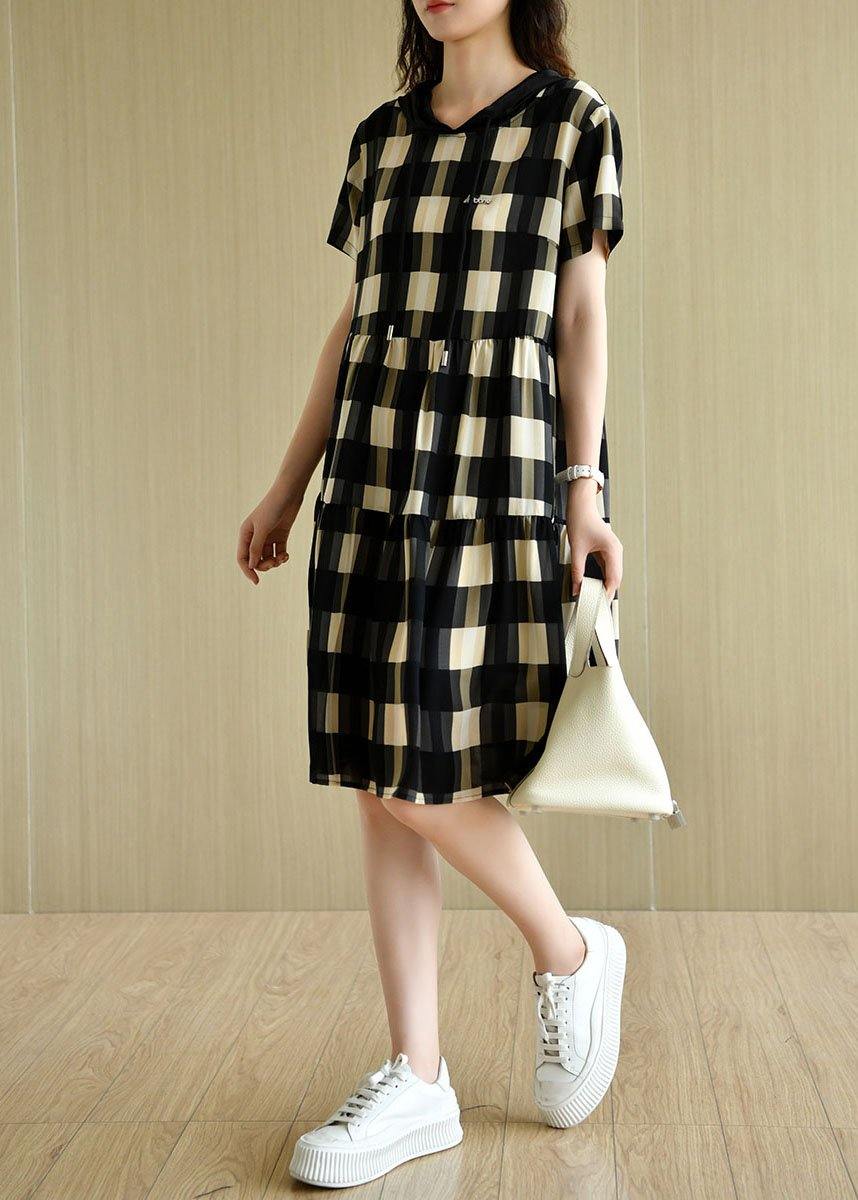 Elegant Black Plaid Hooded Patchwork Summer Cotton Dresses - Image 2