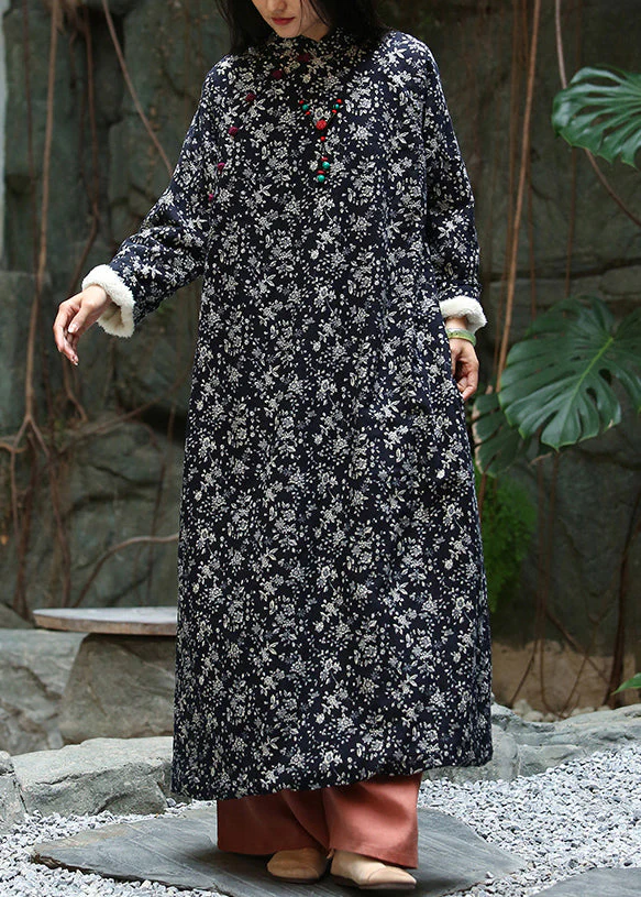 Elegant Black Print Button Patchwork Warm Fleece Maxi Dresses Winter - Image 2