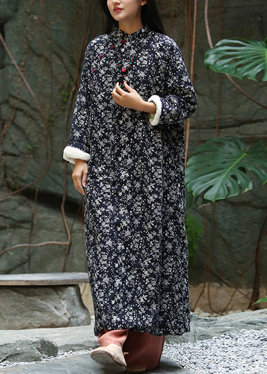 Elegant Black Print Button Patchwork Warm Fleece Maxi Dresses Winter - Image 3