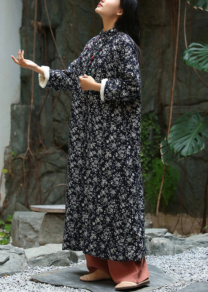 Elegant Black Print Button Patchwork Warm Fleece Maxi Dresses Winter - Image 4