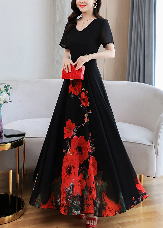 Elegant Black Print Chiffon Maxi Holiday Dress Summer - Image 2