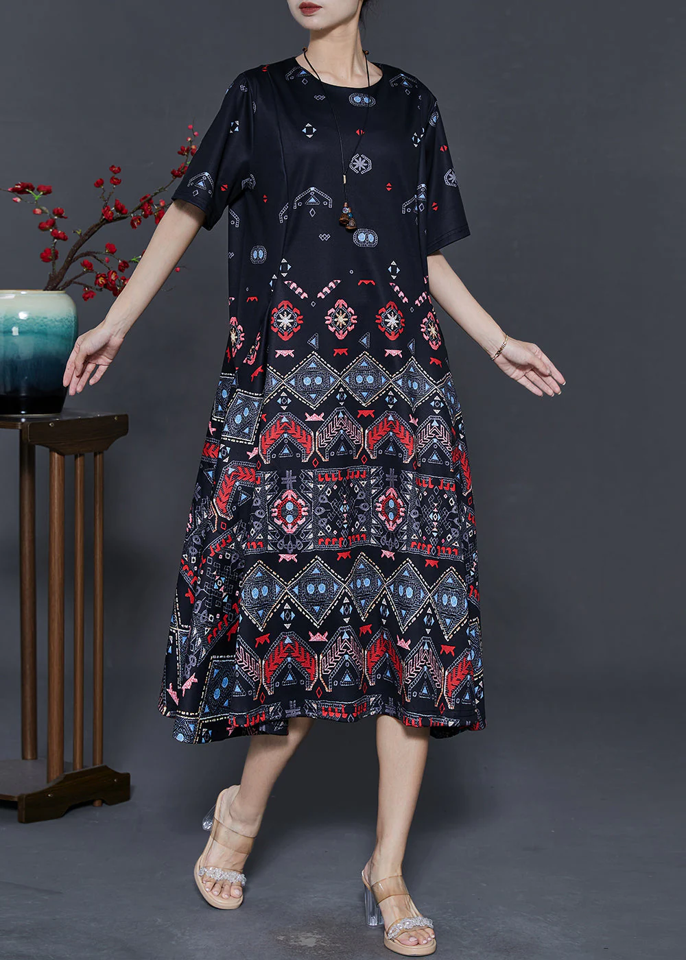 Elegant Black Print Exra Large Hem Silk Dresses Summer - Image 2