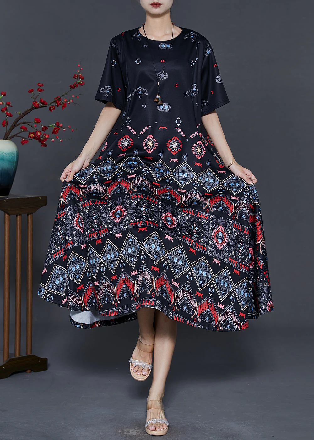 Elegant Black Print Exra Large Hem Silk Dresses Summer - Image 3