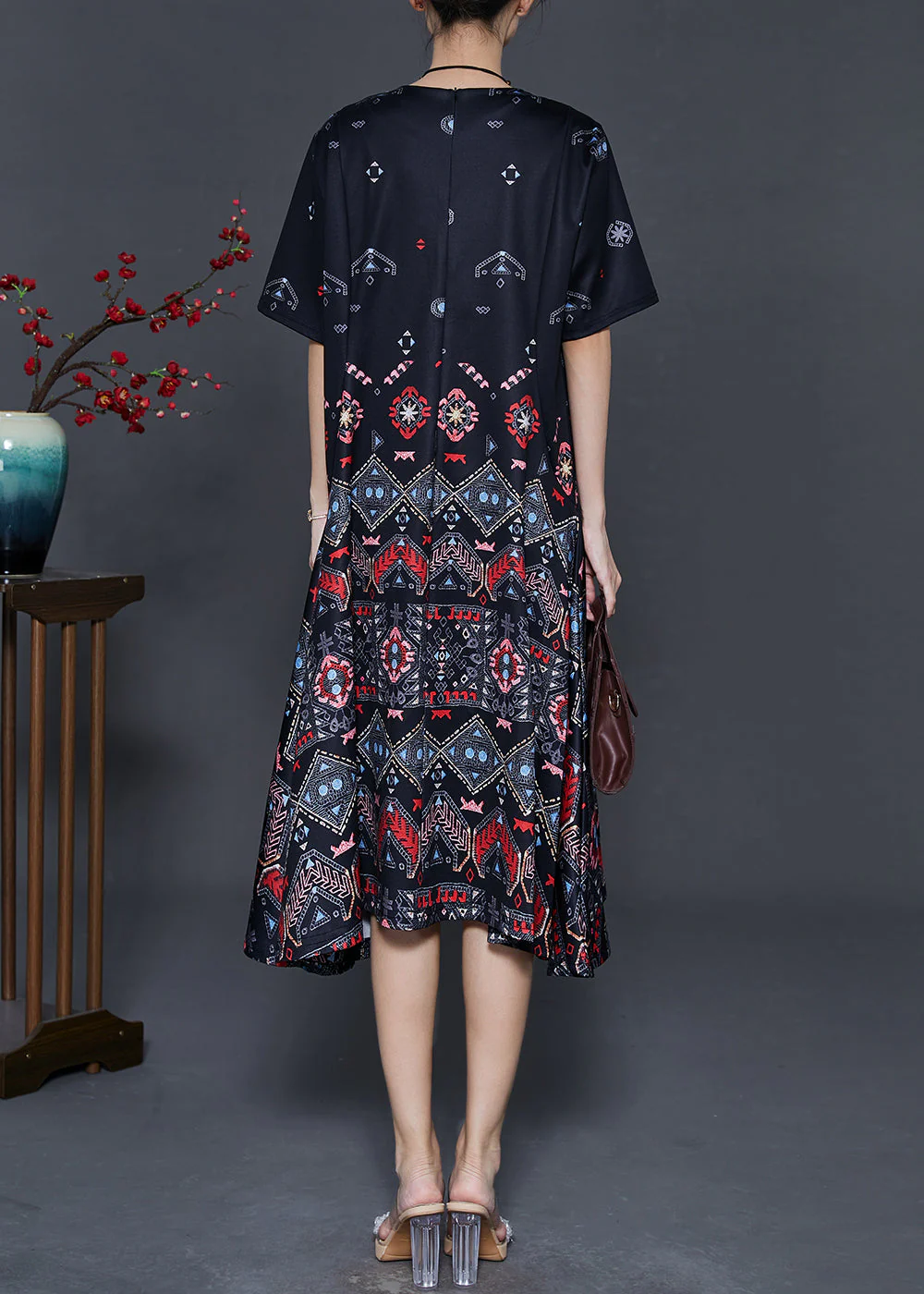 Elegant Black Print Exra Large Hem Silk Dresses Summer - Image 4