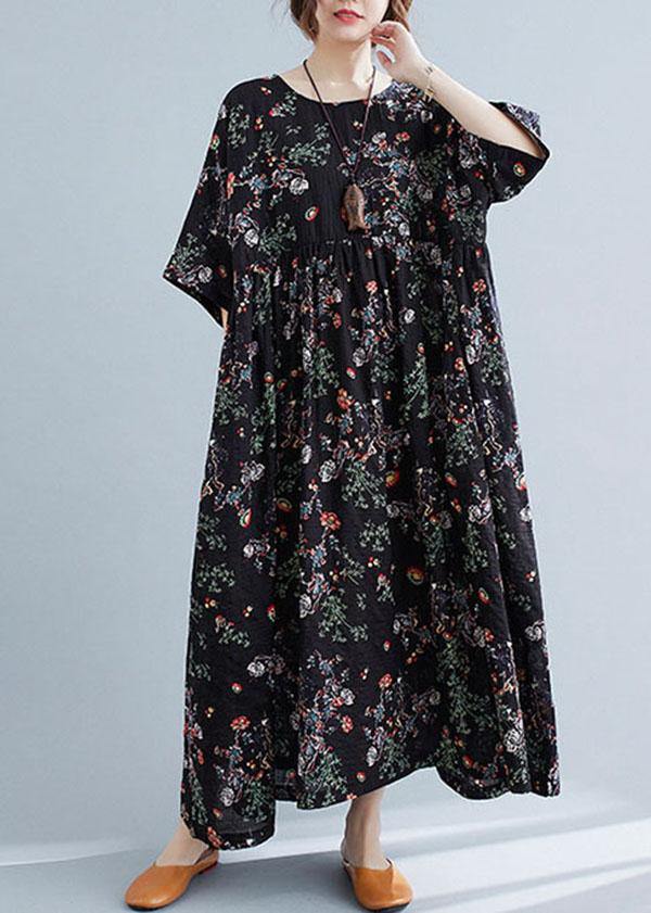 Elegant Black Print O-Neck Patchwork Summer Robe Dresses Half Sleeve - Image 2