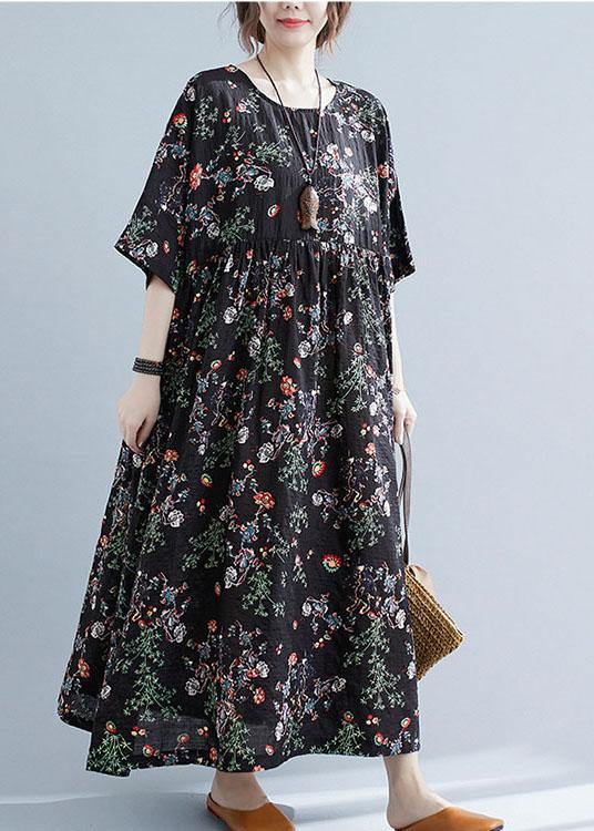 Elegant Black Print O-Neck Patchwork Summer Robe Dresses Half Sleeve - Image 3
