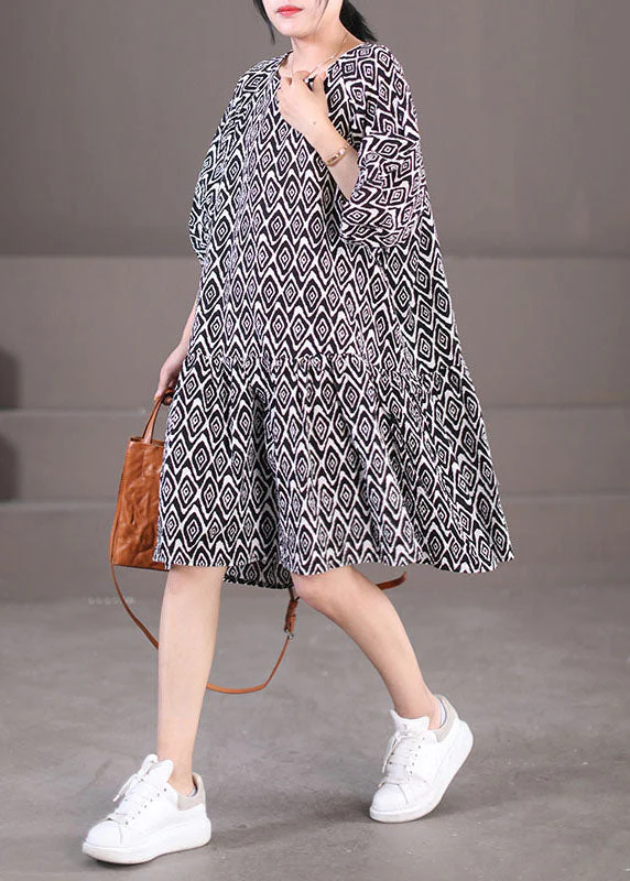 Elegant Black Puff Sleeve Plaid Print Patchwork Cotton A Line Dress Summer - Image 4