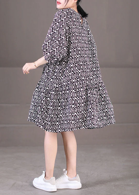 Elegant Black Puff Sleeve Plaid Print Patchwork Cotton A Line Dress Summer - Image 5