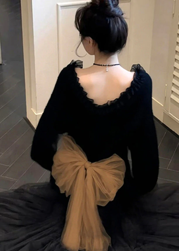 Elegant Black Ruffled Patchwork Bow Knit Sweater Tops Winter - Image 3