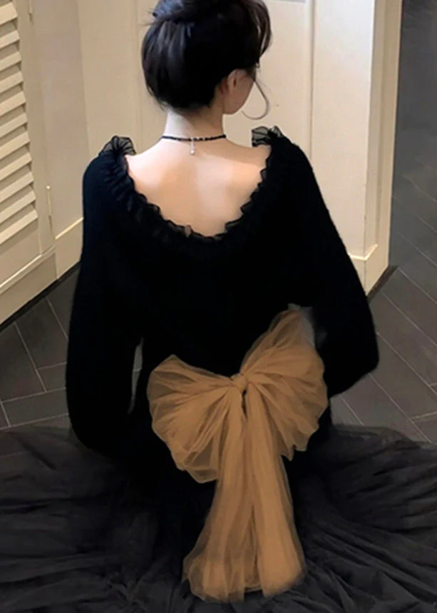 Elegant Black Ruffled Patchwork Bow Knit Sweater Tops Winter - Image 4
