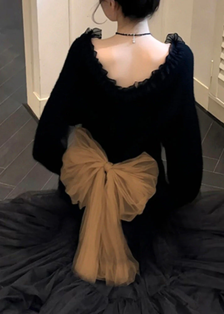 Elegant Black Ruffled Patchwork Bow Knit Sweater Tops Winter - Image 5