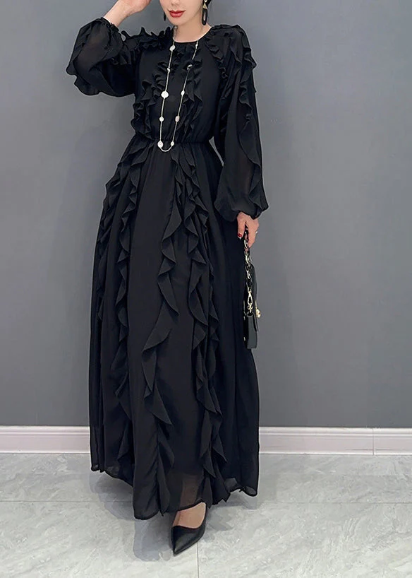 Elegant Black Ruffles Cinched Chiffon Maxi Dresses Spring - Image 2