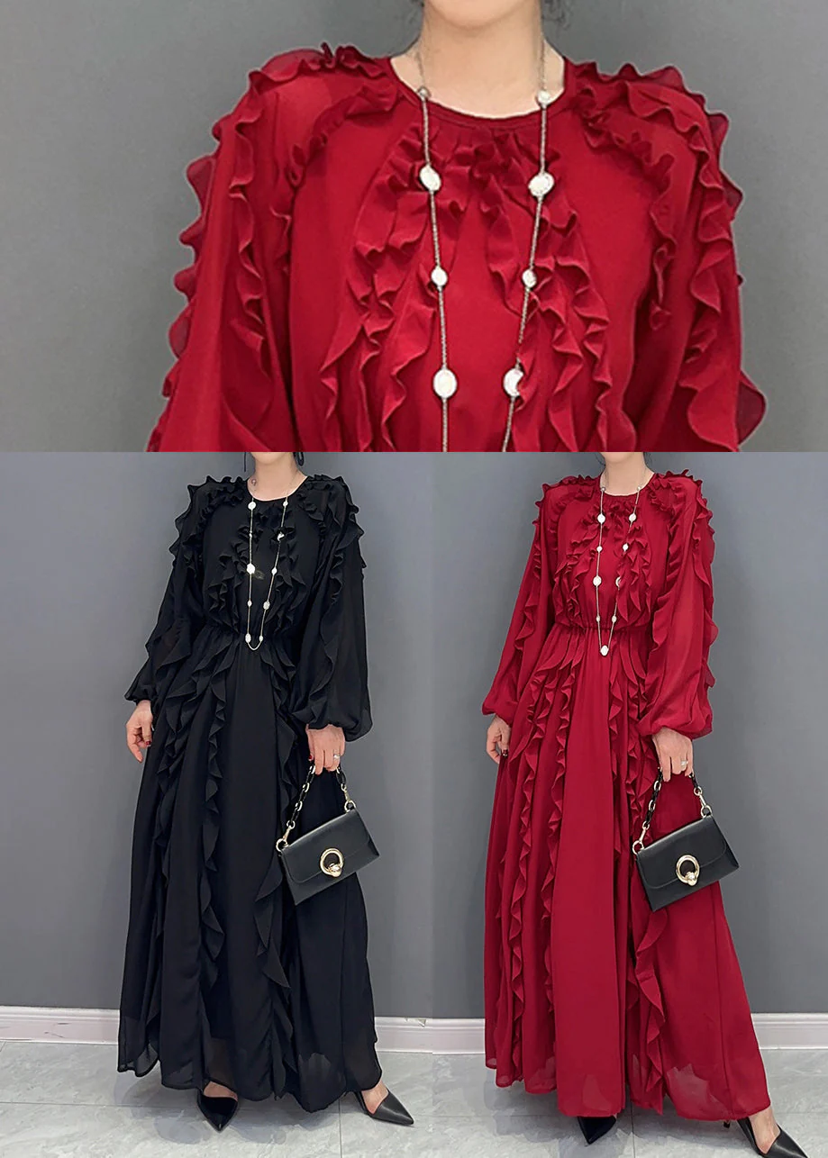 Elegant Black Ruffles Cinched Chiffon Maxi Dresses Spring - Image 5