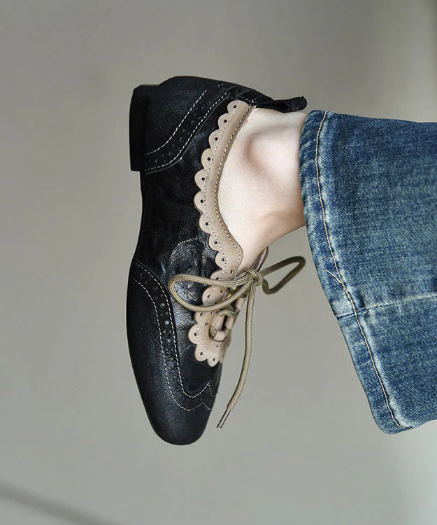Elegant Black Sheepskin Lace Up Splicing Loafers - Image 4