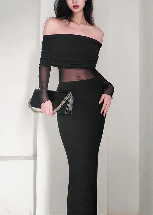 Elegant Black Slash Neck Tulle Patchwork Long Dress Spring - Image 2