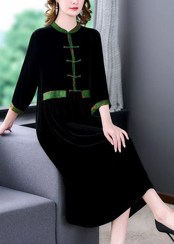 Elegant Black Stand Collar Patchwork Oriental Button Silk Velour Dress Bracelet Sleeve - Image 2