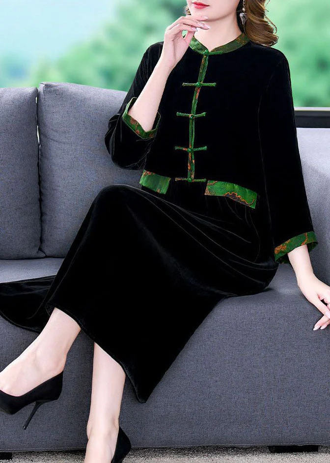 Elegant Black Stand Collar Patchwork Oriental Button Silk Velour Dress Bracelet Sleeve - Image 3