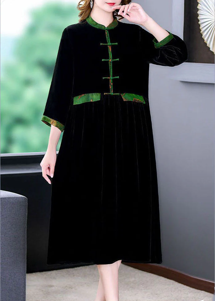 Elegant Black Stand Collar Patchwork Oriental Button Silk Velour Dress Bracelet Sleeve - Image 4