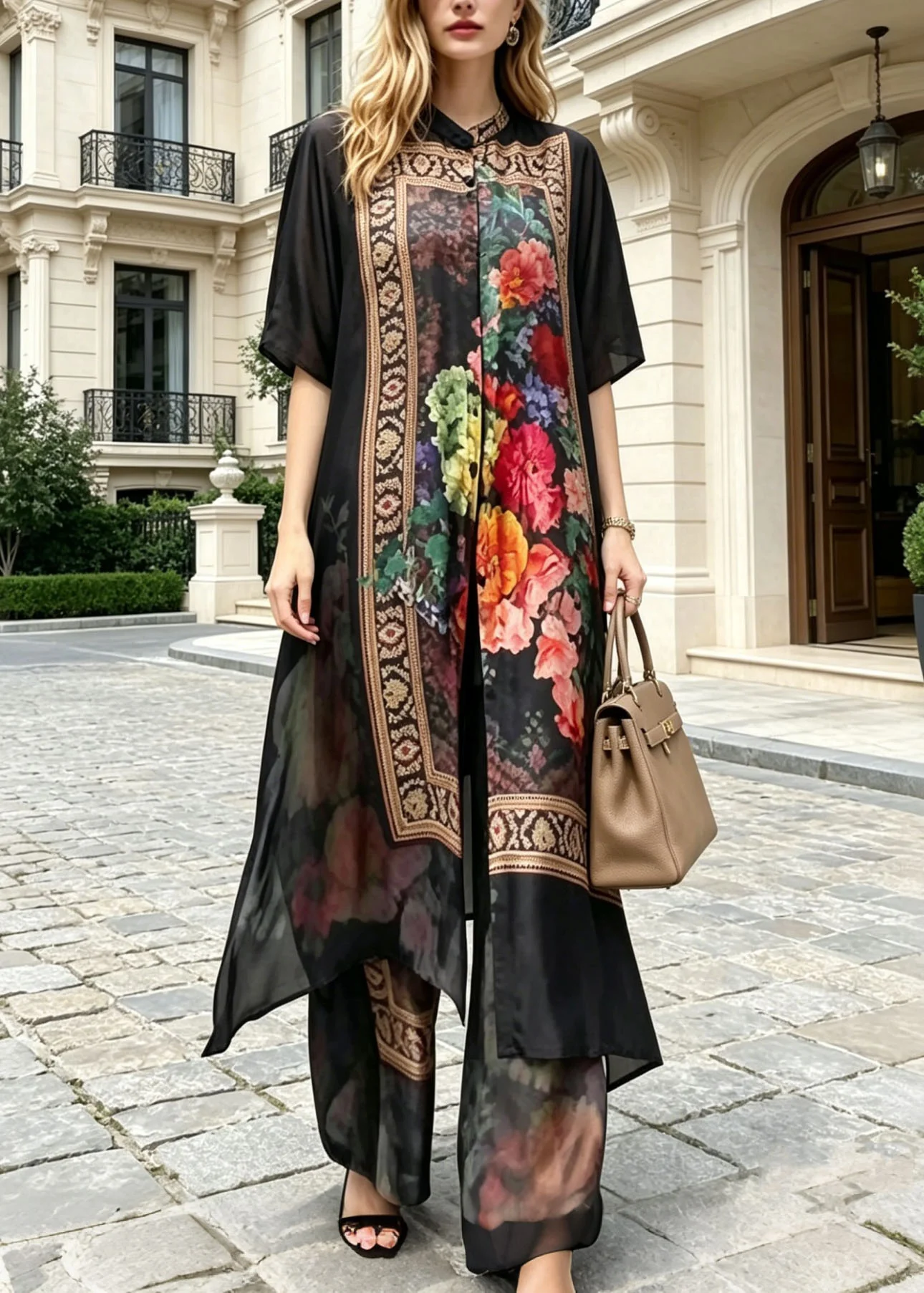 Elegant Black Stand Collar Print Silk Two Pieces Set Summer - Image 5