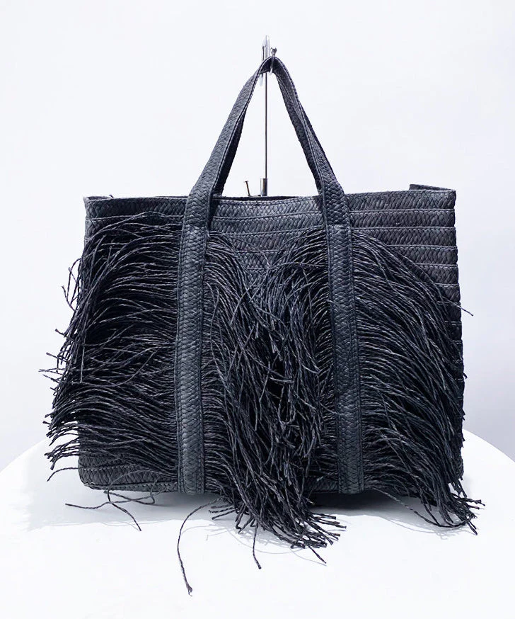 Elegant Black Tasseled Weave Faux Leather Shoulder Bags