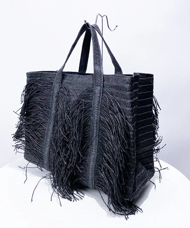 Elegant Black Tasseled Weave Faux Leather Shoulder Bags - Image 2