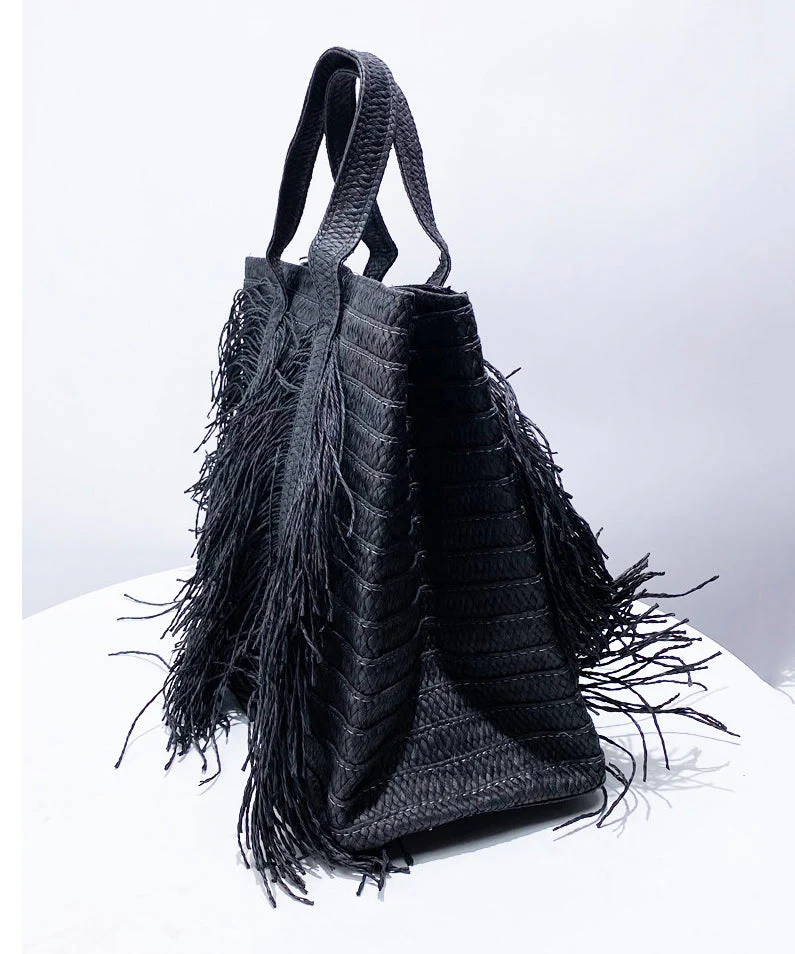 Elegant Black Tasseled Weave Faux Leather Shoulder Bags - Image 3