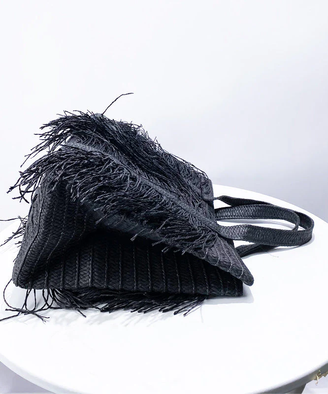 Elegant Black Tasseled Weave Faux Leather Shoulder Bags - Image 4