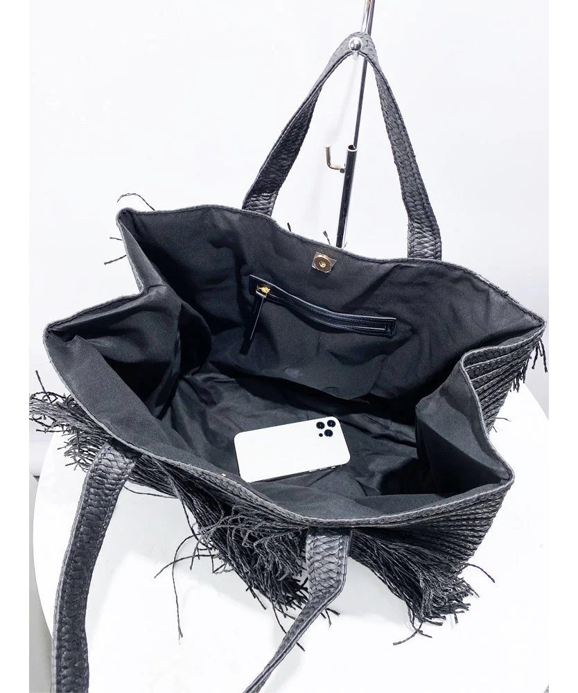 Elegant Black Tasseled Weave Faux Leather Shoulder Bags - Image 5