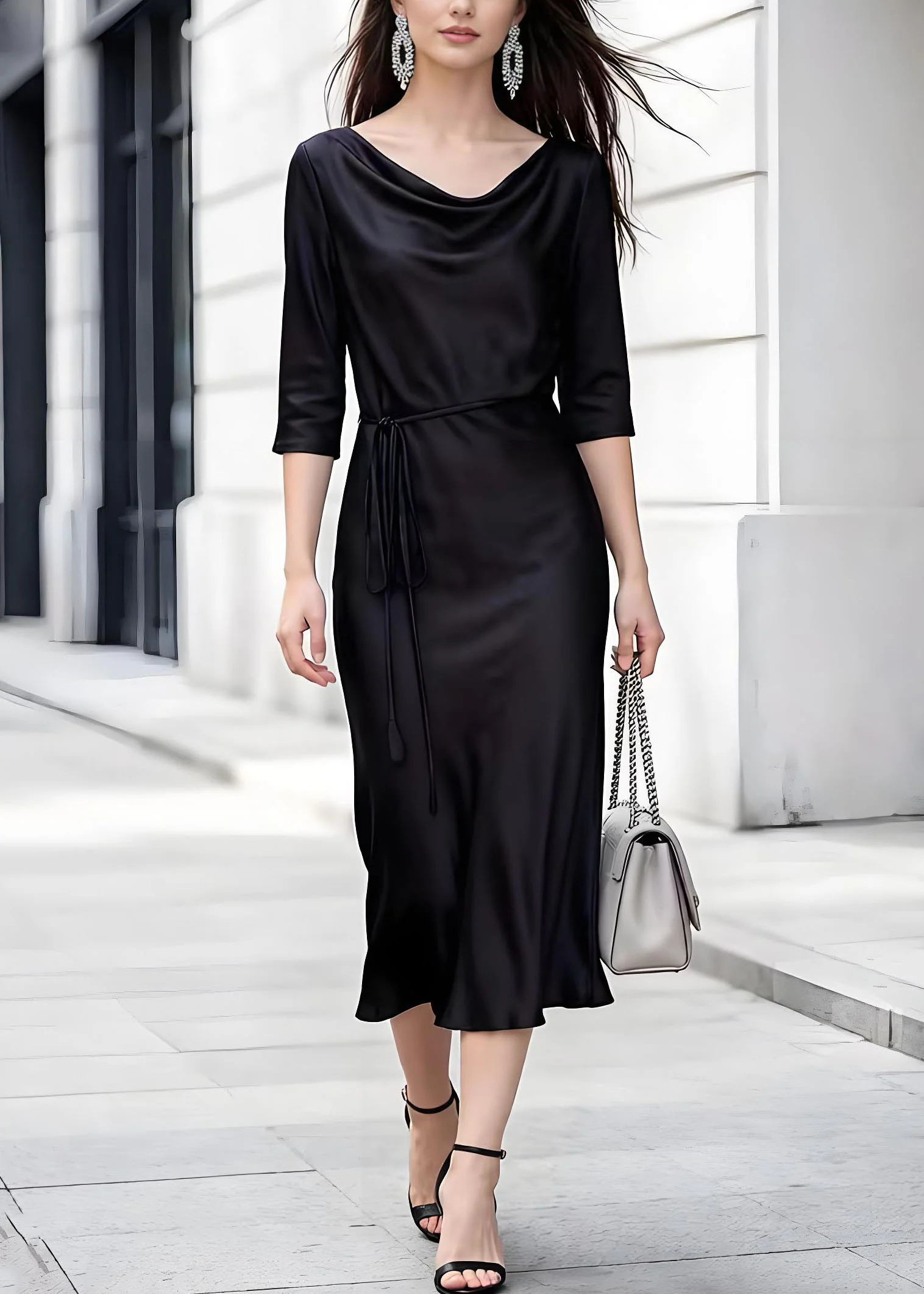 Elegant Black Turtle Neck Lace Up Silk Dress Summer - Image 3