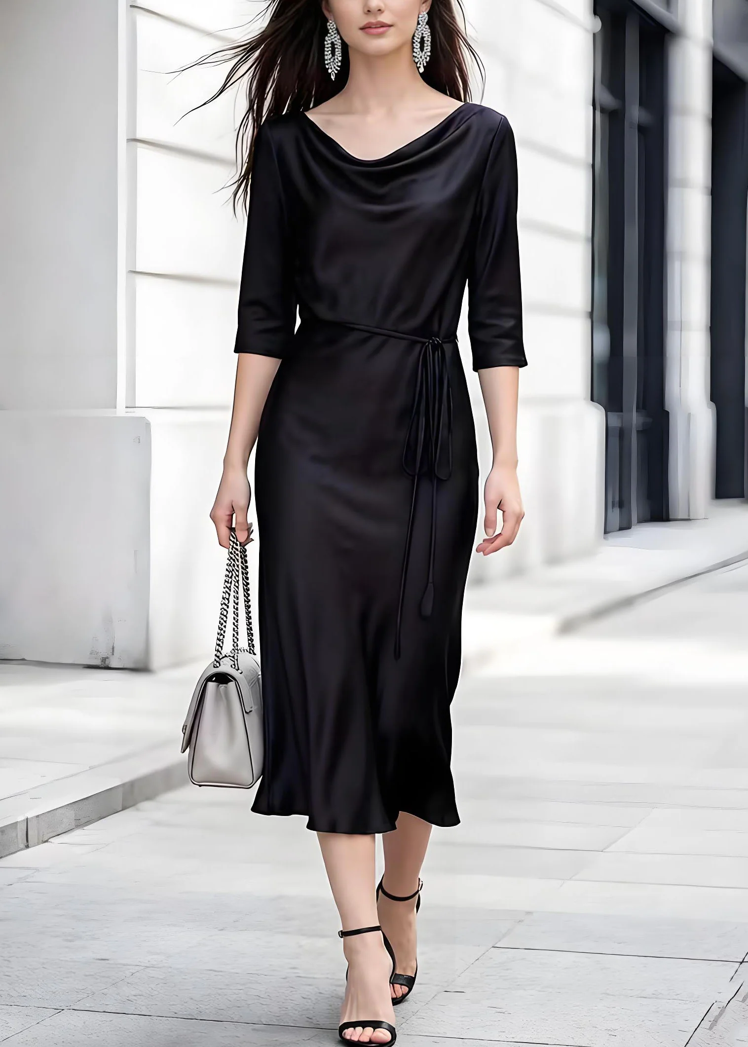 Elegant Black Turtle Neck Lace Up Silk Dress Summer - Image 5