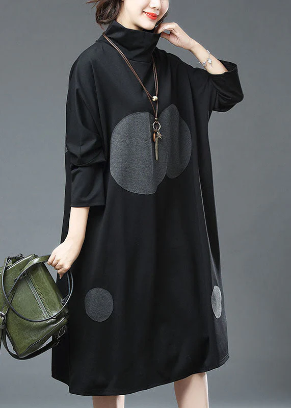 Elegant Black Turtleneck Dot Print Patchwork Cotton Dresses Fall - Image 2