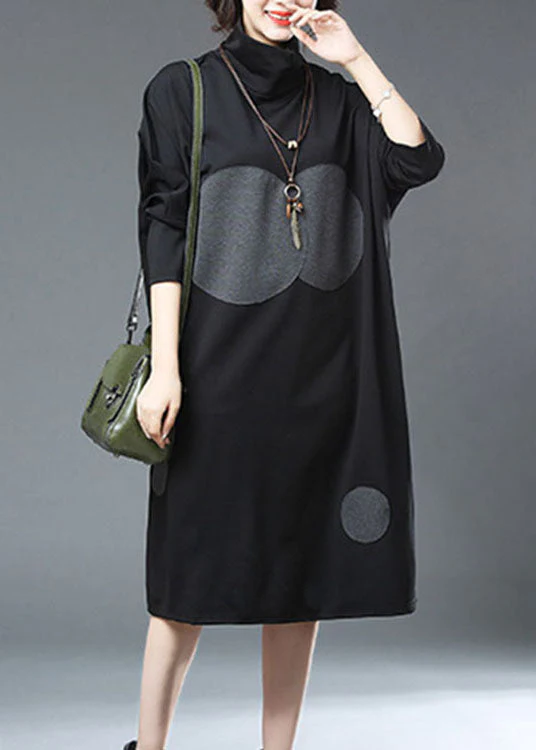 Elegant Black Turtleneck Dot Print Patchwork Cotton Dresses Fall - Image 3