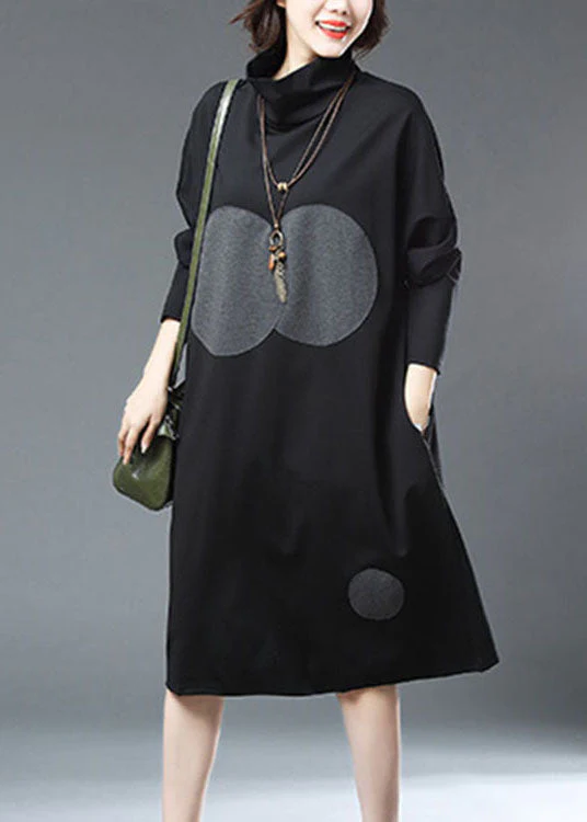 Elegant Black Turtleneck Dot Print Patchwork Cotton Dresses Fall - Image 4