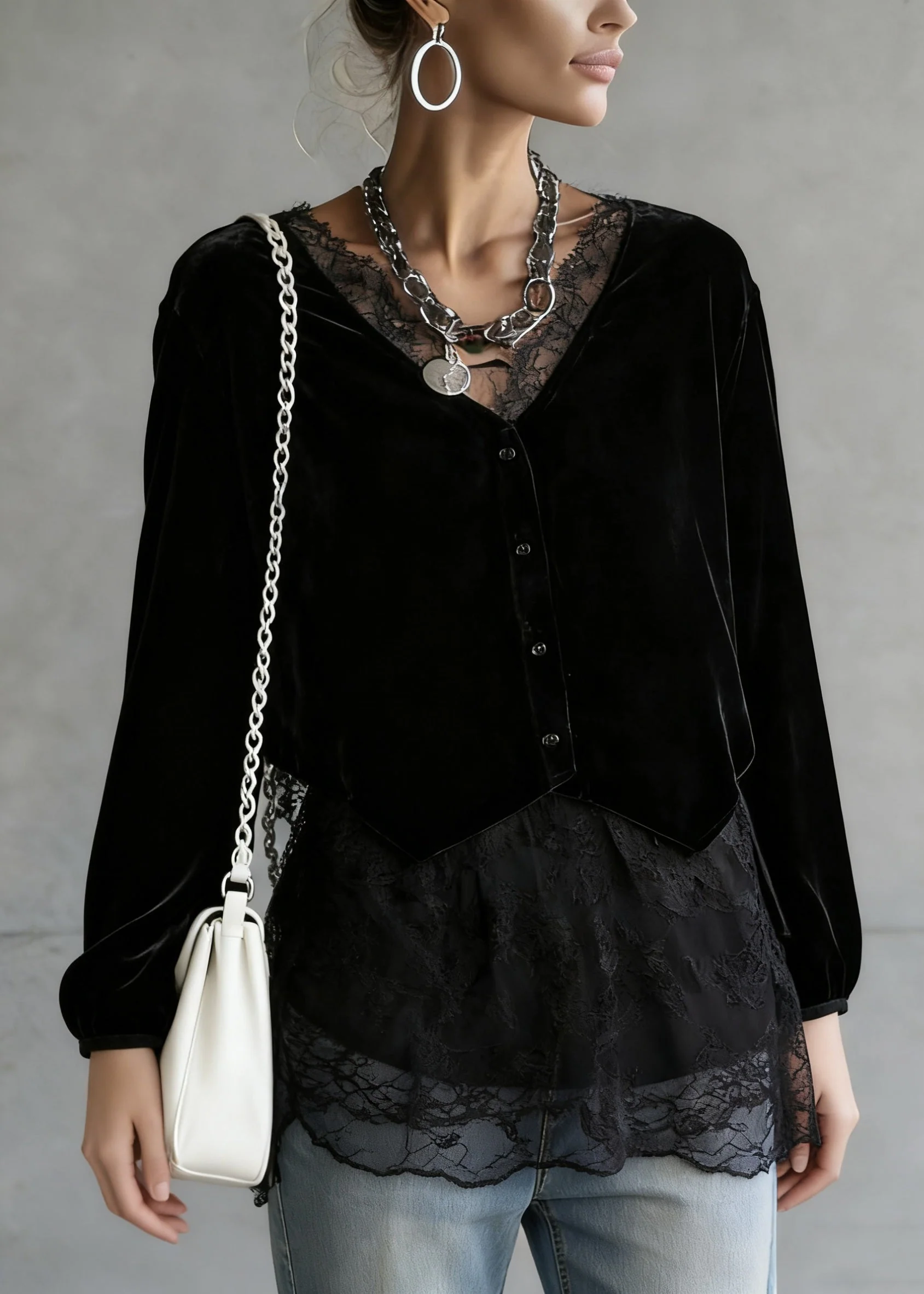 Elegant Black V Neck Lace Patchwork Velour Shirt Spring