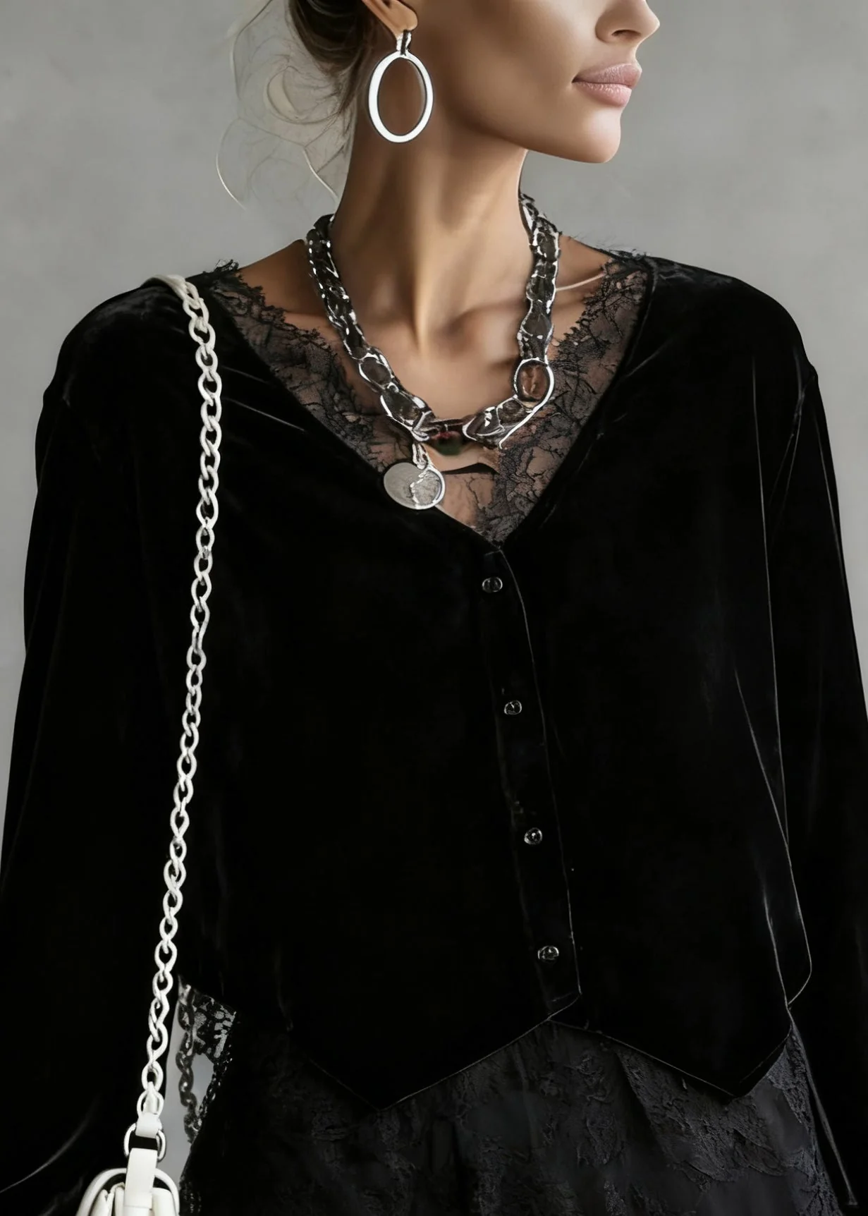 Elegant Black V Neck Lace Patchwork Velour Shirt Spring - Image 3