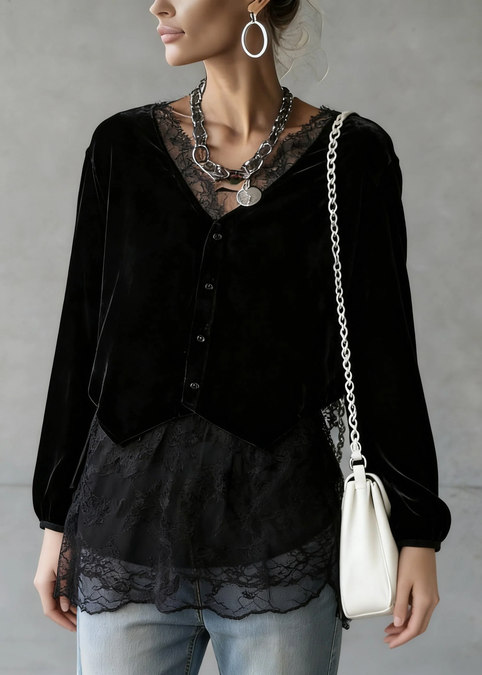 Elegant Black V Neck Lace Patchwork Velour Shirt Spring - Image 4