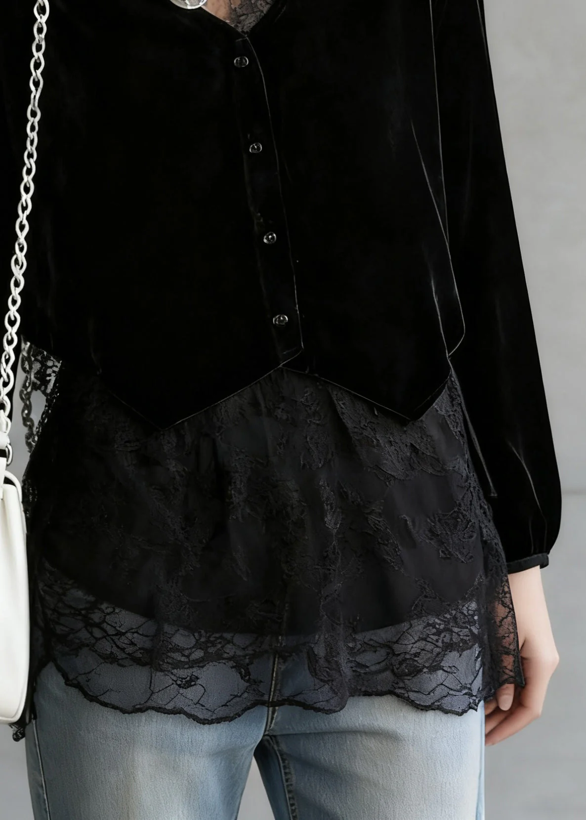 Elegant Black V Neck Lace Patchwork Velour Shirt Spring - Image 5