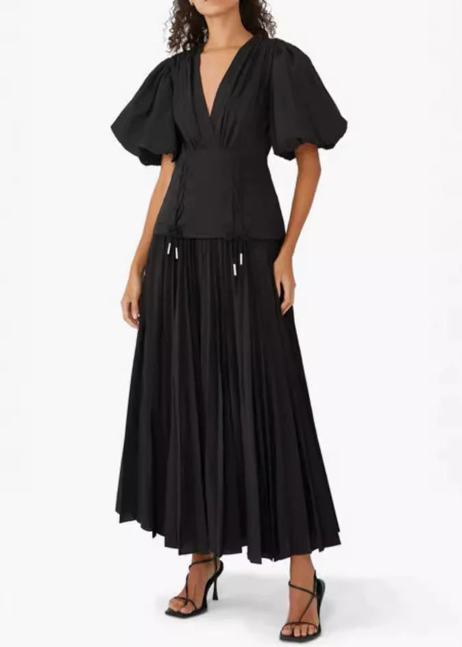 Elegant Black V Neck Lace Up Cotton Long Dresses Summer - Image 2