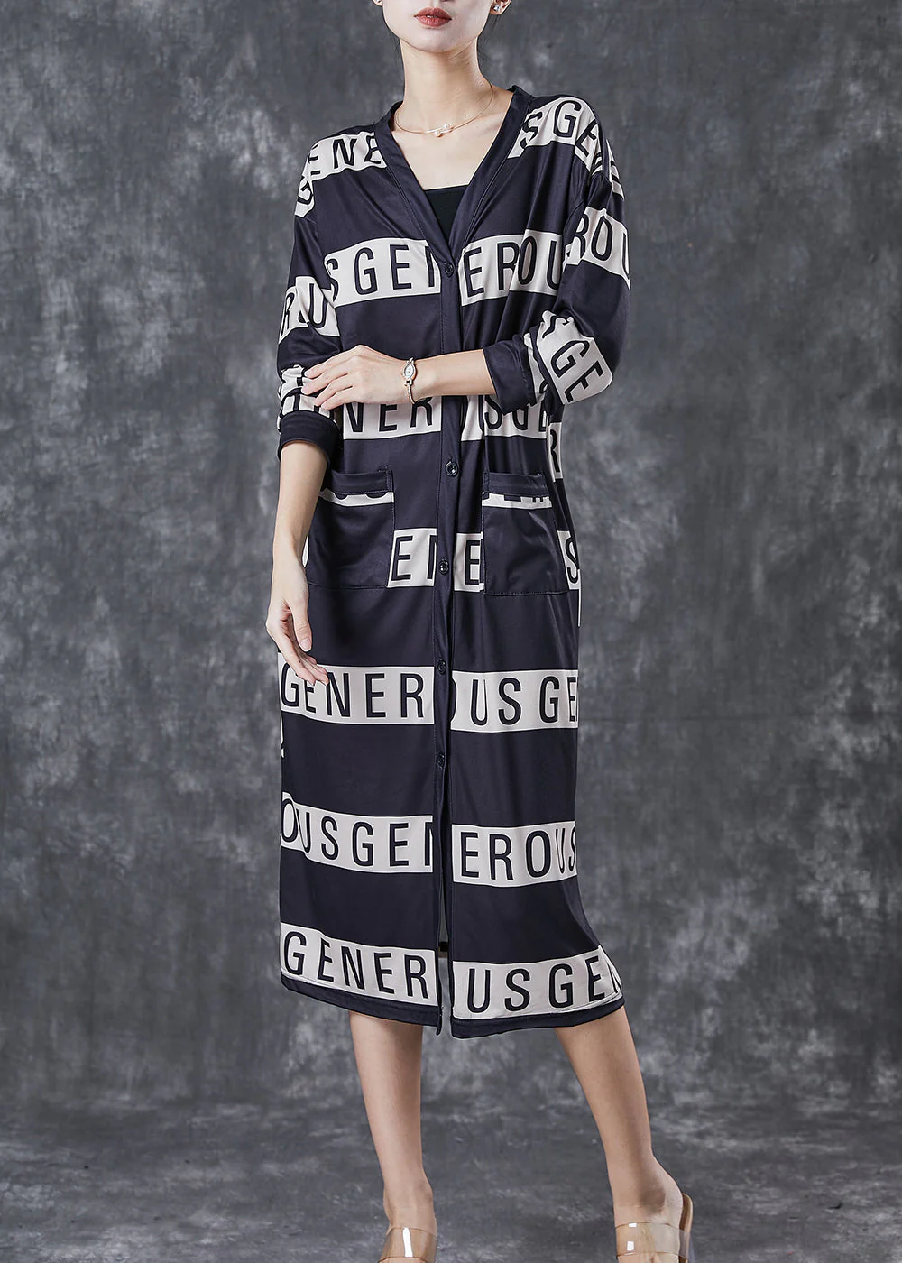 Elegant Black V Neck Letter Print Cotton Dresses Spring - Image 2