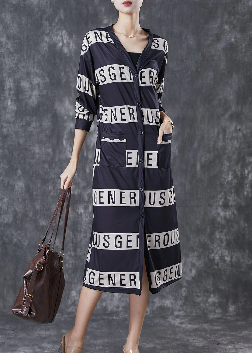Elegant Black V Neck Letter Print Cotton Dresses Spring - Image 3