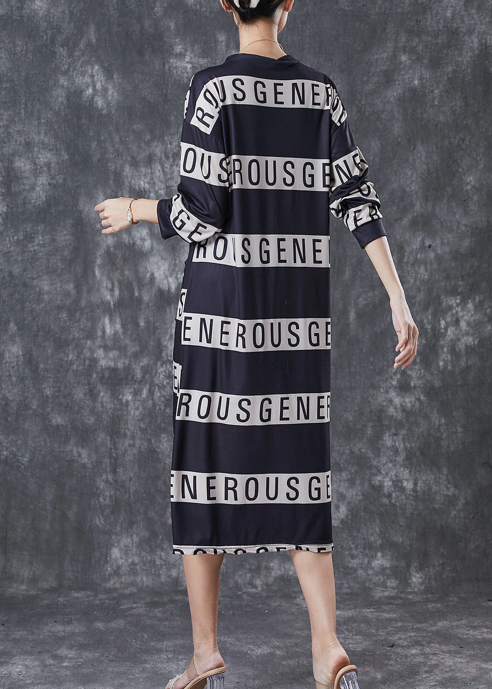 Elegant Black V Neck Letter Print Cotton Dresses Spring - Image 4
