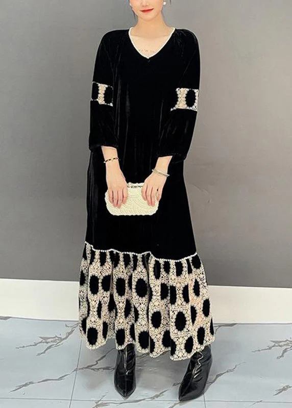 Elegant Black V Neck Patchwork Holiday Long Dress Fall - Image 2