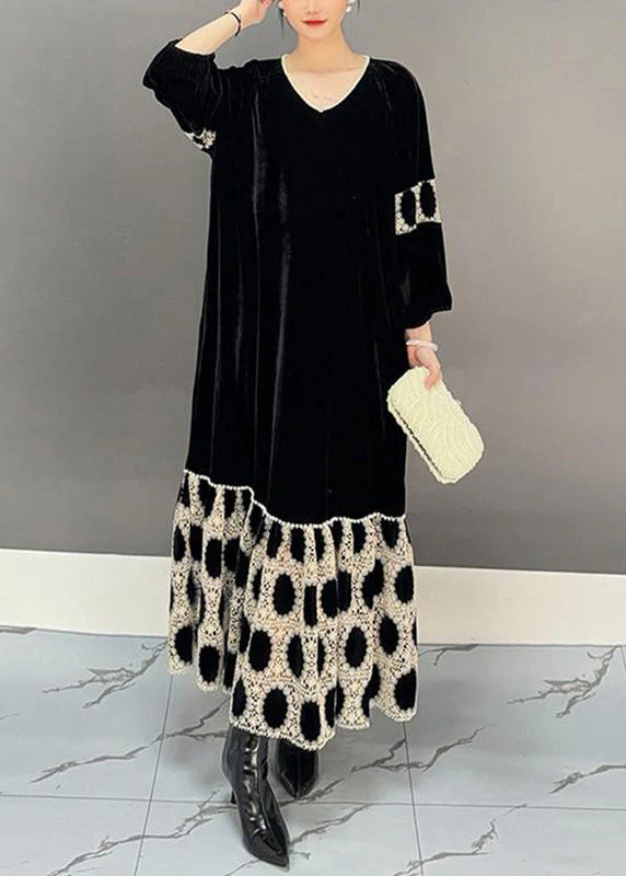 Elegant Black V Neck Patchwork Holiday Long Dress Fall - Image 3