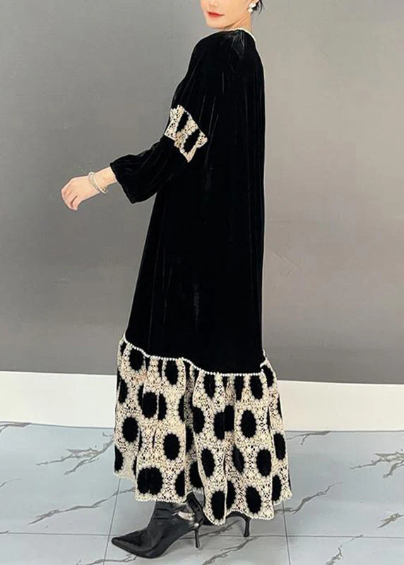 Elegant Black V Neck Patchwork Holiday Long Dress Fall - Image 4
