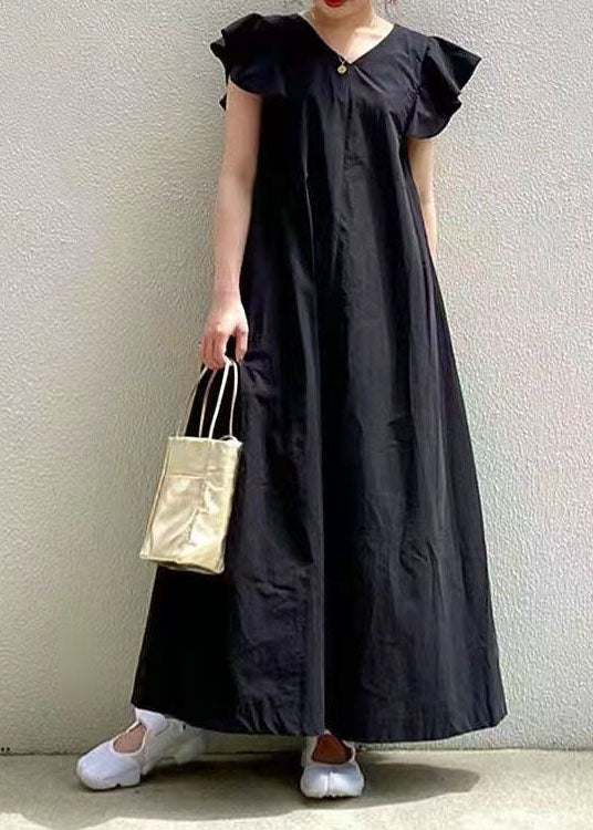 Elegant Black V Neck Patchwork Ruffled Cotton Maxi Dresses Summer - Image 3
