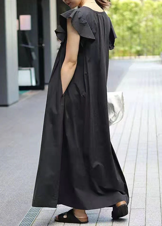 Elegant Black V Neck Patchwork Ruffled Cotton Maxi Dresses Summer - Image 4