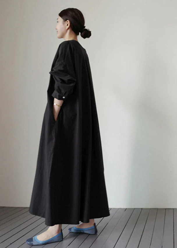 Elegant Black V Neck Pockets Cotton Dresses Long Sleeve - Image 4