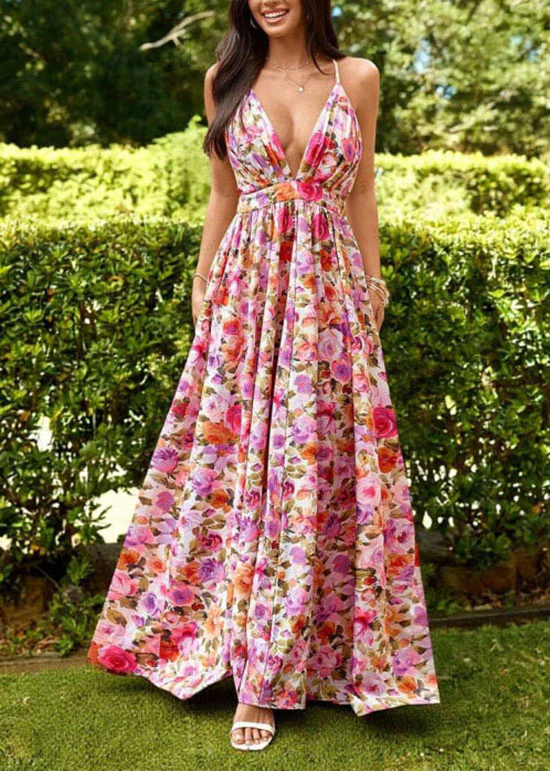 Elegant Black V Neck Print Chiffon Spaghetti Strap Dress Summer - Image 4