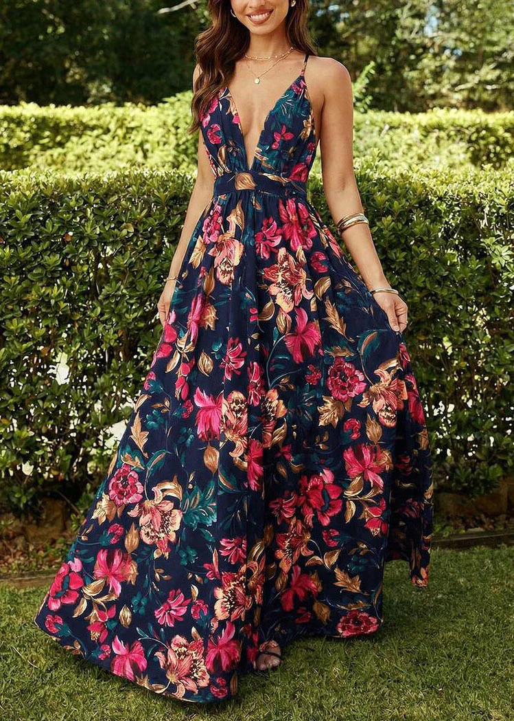Elegant Black V Neck Print Chiffon Spaghetti Strap Dress Summer - Image 5