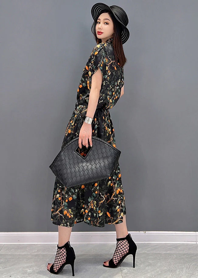 Elegant Black V Neck Print Silk Long Dress And Tulle Long Cardigan Two Pieces Set Summer - Image 3